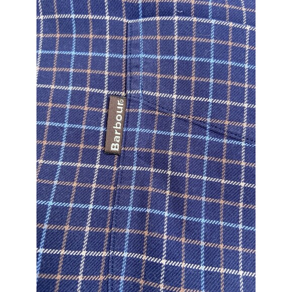 Barbour Mens Large Country Check Shirt Navy Blue Tan Plaid Cotton Corduroy Cuffs - Picture 5 of 14
